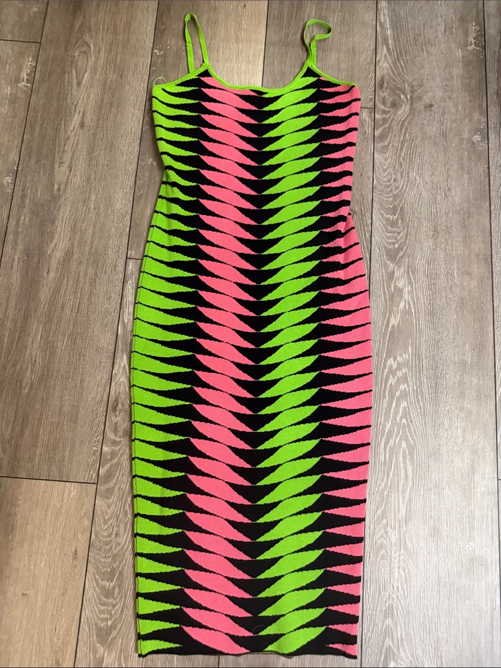 Fashion Nova Neon Pink, Lime & Black Zigzag Knit Slip Midi